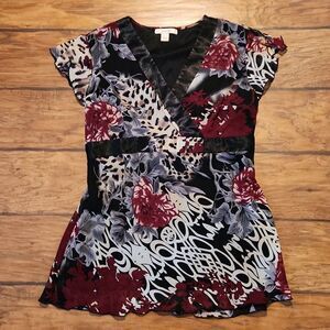 Dress Barn Black and Red Floral Tunic Top